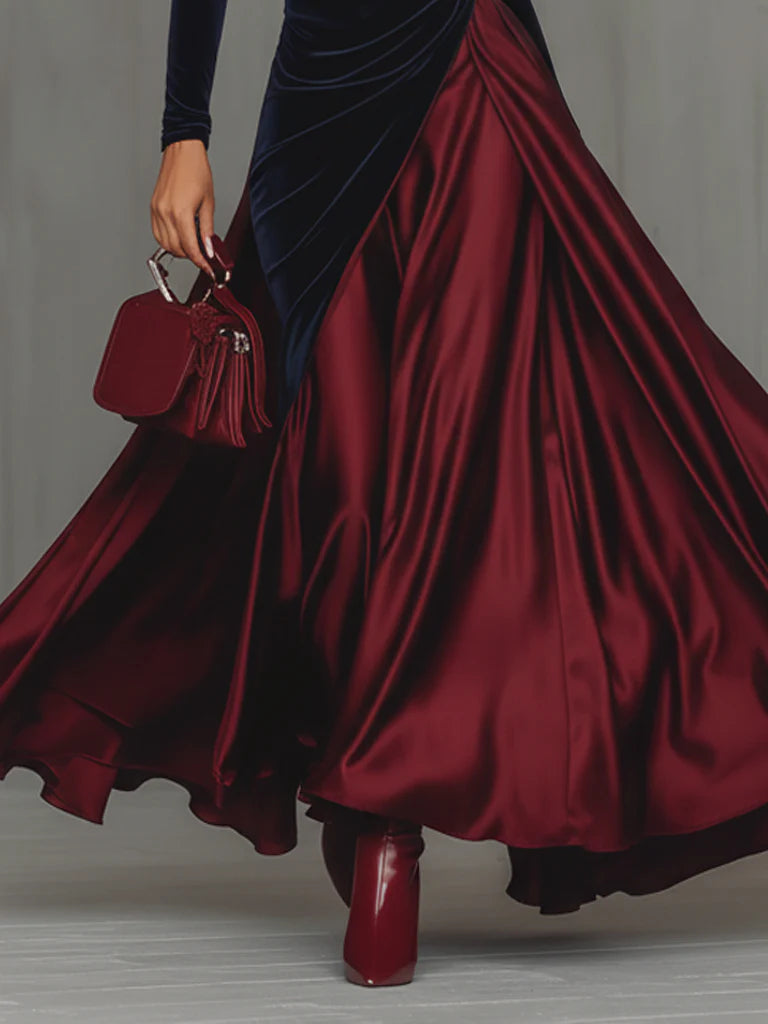 HONORIA | VELVET SATIN MOCK NECK GOWN - Navy and Burgundy