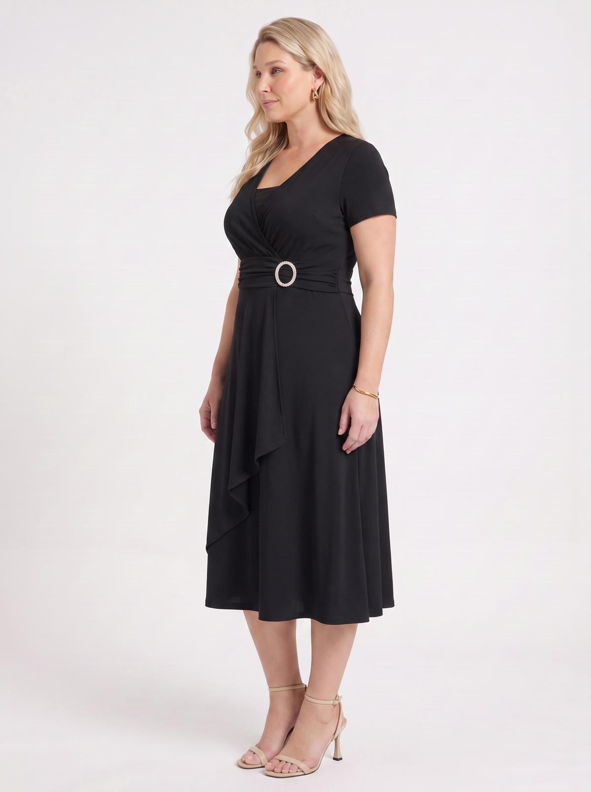 HORTENSE | RUCHED WAIST BUCKLE MIDI DRESS - Black