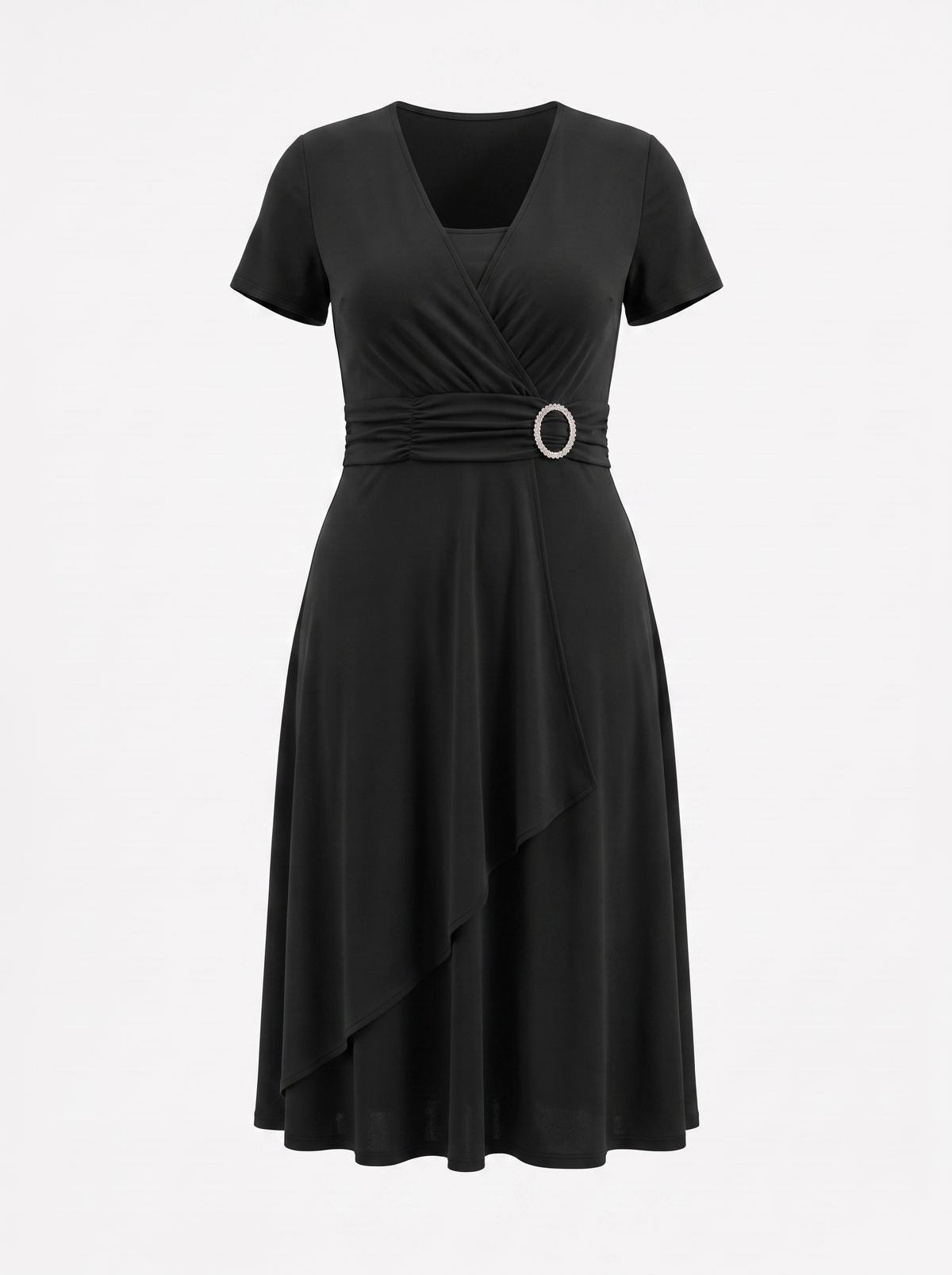 HORTENSE | RUCHED WAIST BUCKLE MIDI DRESS - Black