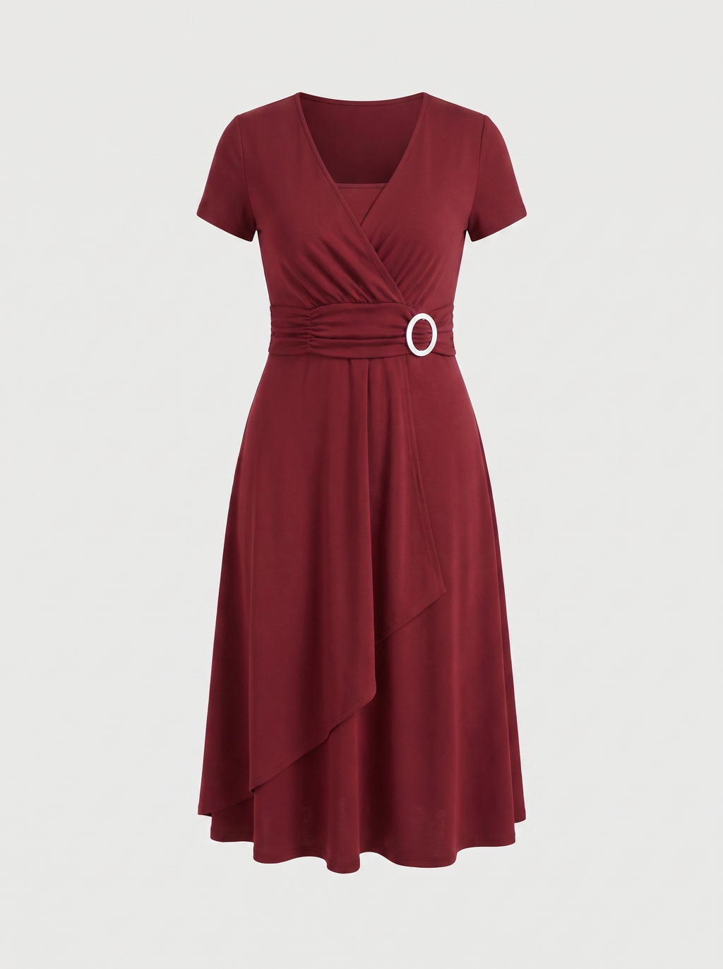 HORTENSE | RUCHED WAIST BUCKLE MIDI DRESS - Burgundy