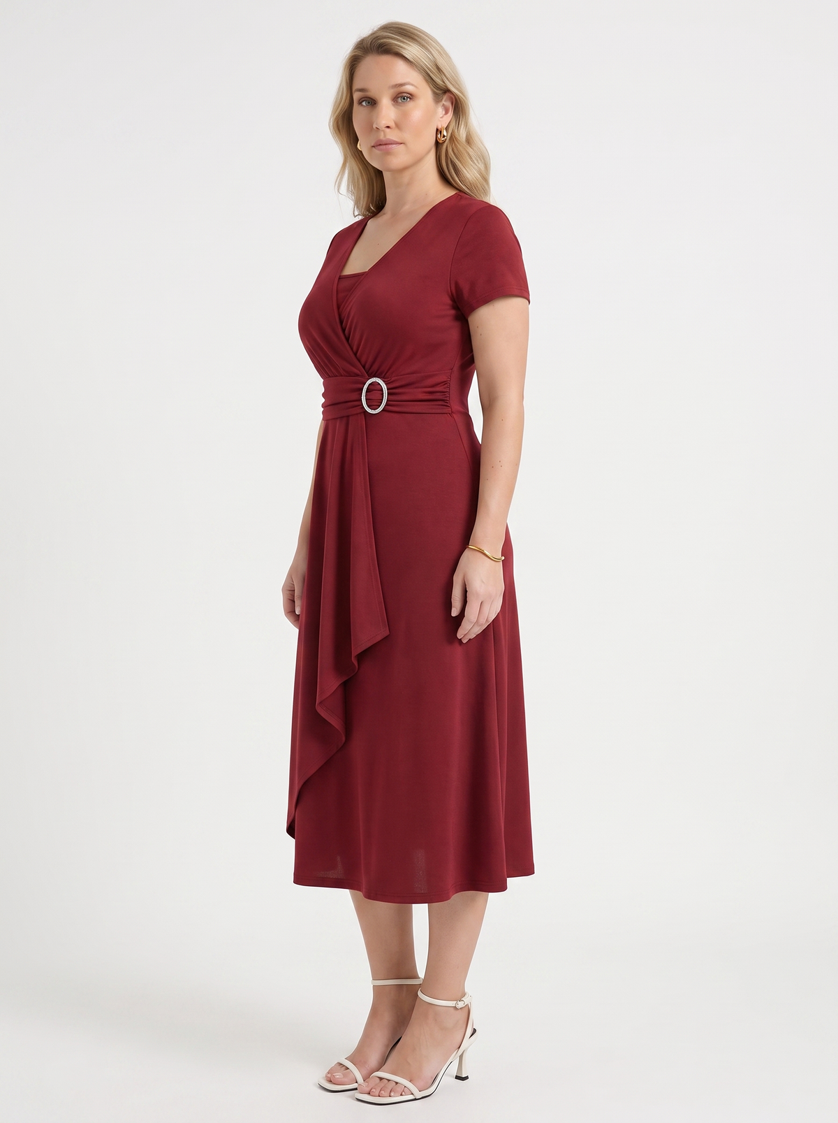 HORTENSE | RUCHED WAIST BUCKLE MIDI DRESS - Burgundy