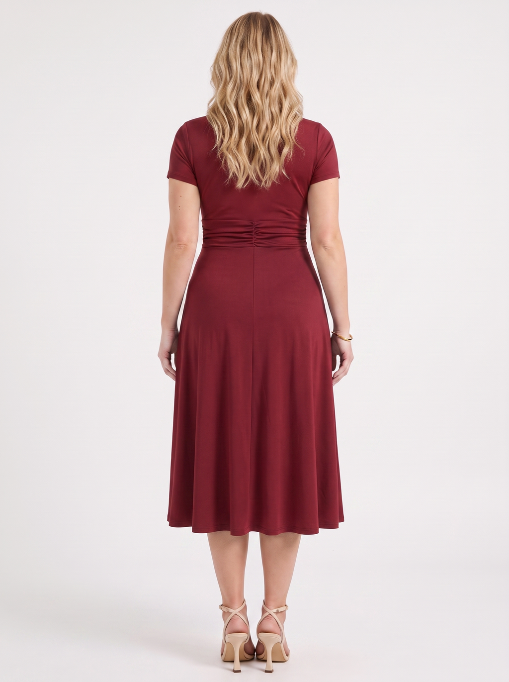 HORTENSE | RUCHED WAIST BUCKLE MIDI DRESS - Burgundy