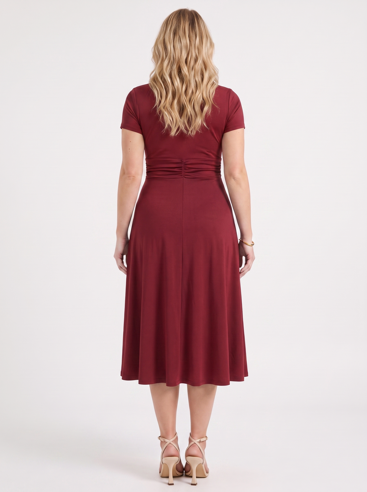 HORTENSE | RUCHED WAIST BUCKLE MIDI DRESS - Burgundy