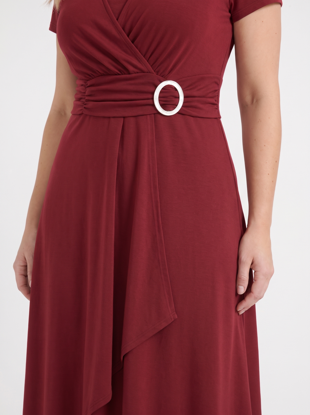 HORTENSE | RUCHED WAIST BUCKLE MIDI DRESS - Burgundy