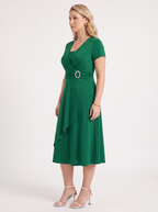 HORTENSE | RUCHED WAIST BUCKLE MIDI DRESS - Emerald Green