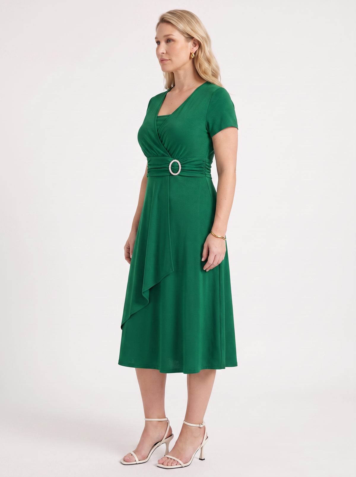 HORTENSE | RUCHED WAIST BUCKLE MIDI DRESS - Emerald Green