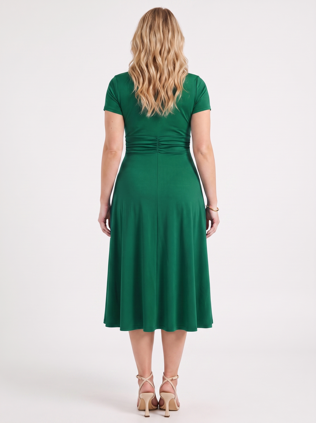 HORTENSE | RUCHED WAIST BUCKLE MIDI DRESS - Emerald Green