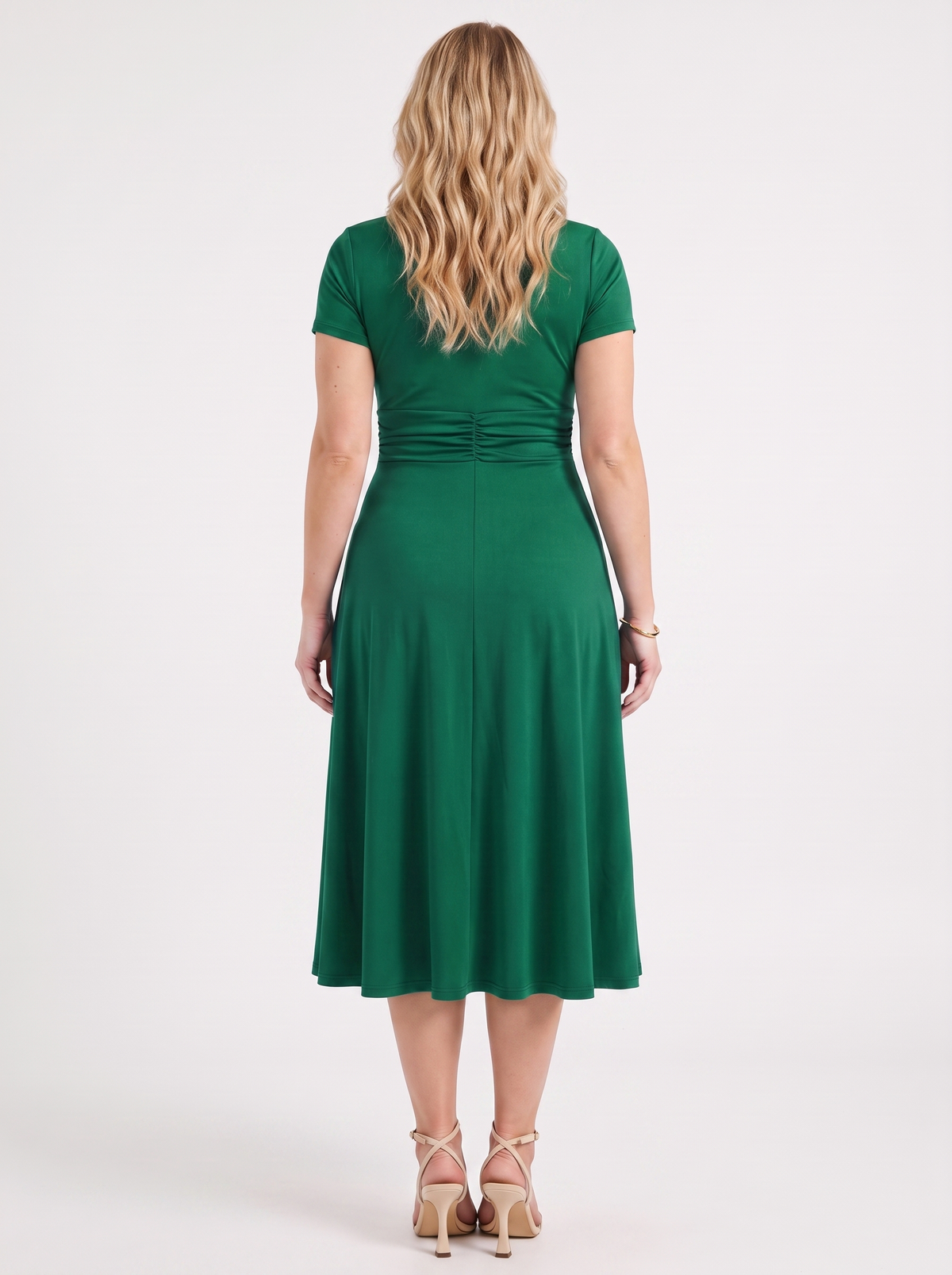 HORTENSE | RUCHED WAIST BUCKLE MIDI DRESS - Emerald Green