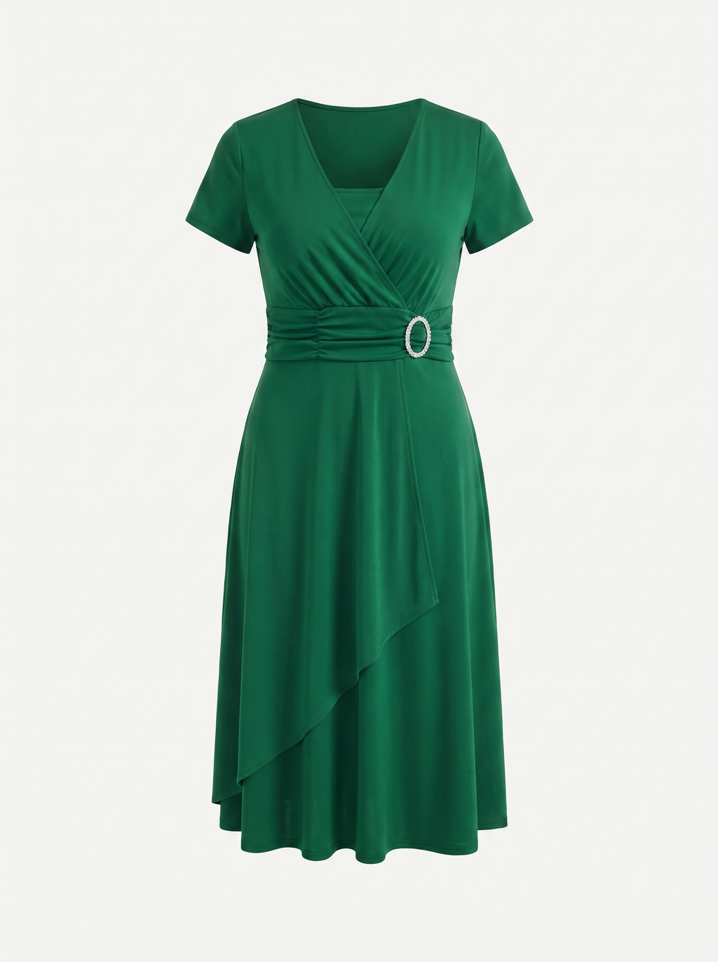 HORTENSE | RUCHED WAIST BUCKLE MIDI DRESS - Emerald Green