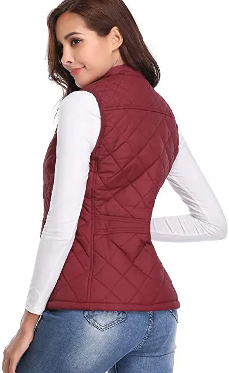 HULDA | QUILTED STAND COLLAR VEST JACKET - Burgundy