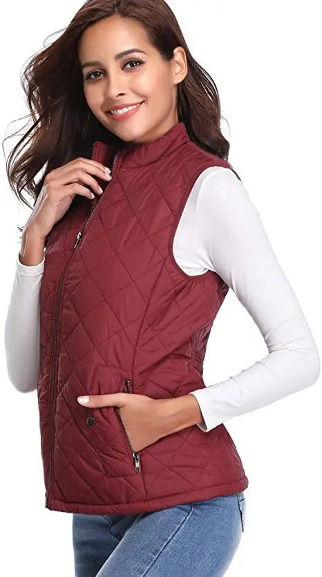HULDA | QUILTED STAND COLLAR VEST JACKET - Burgundy