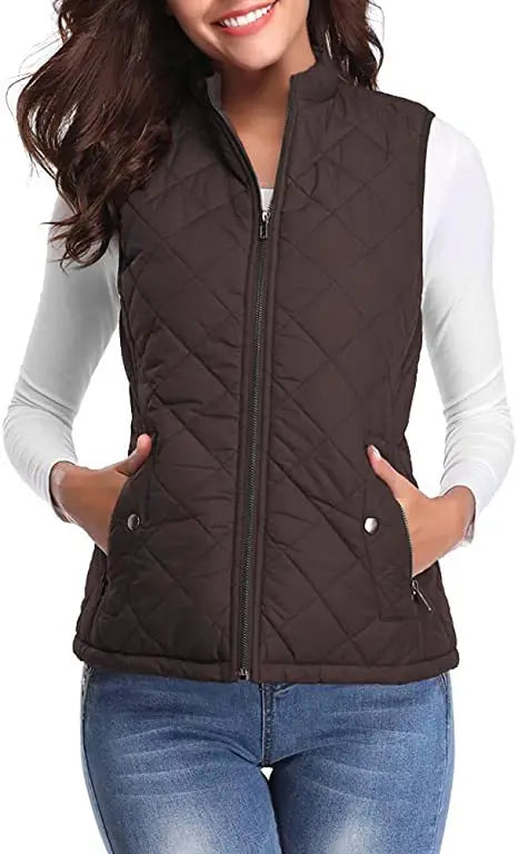 HULDA | QUILTED STAND COLLAR VEST JACKET - Chocolate Brown