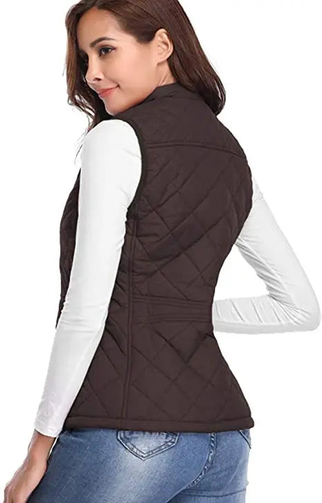 HULDA | QUILTED STAND COLLAR VEST JACKET - Chocolate Brown
