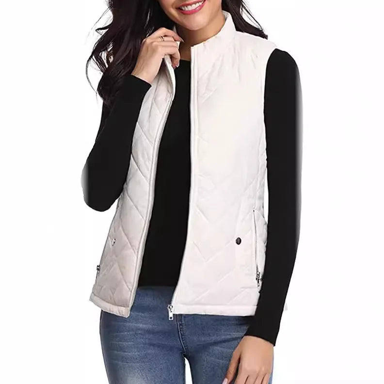 HULDA | QUILTED STAND COLLAR VEST JACKET - Ivory