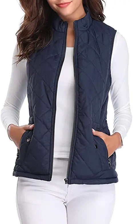 HULDA | QUILTED STAND COLLAR VEST JACKET - Navy Blue