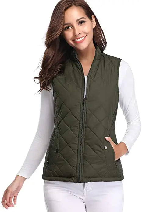 HULDA | QUILTED STAND COLLAR VEST JACKET - Olive Green