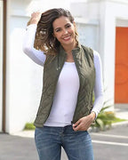 HULDA | QUILTED STAND COLLAR VEST JACKET - Olive Green