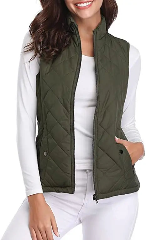 HULDA | QUILTED STAND COLLAR VEST JACKET - Olive Green