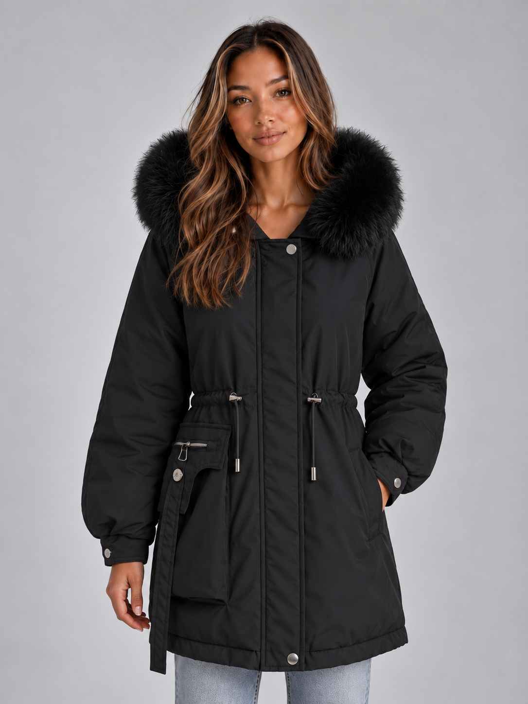 IDA | FAUX FUR COLLAR DRAWSTRING PARKA - Black