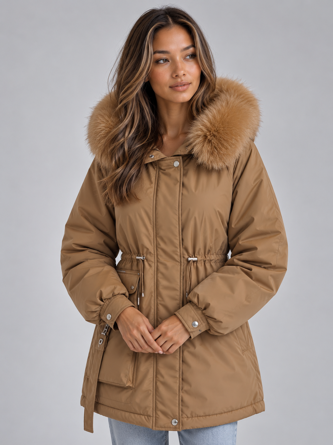 IDA | FAUX FUR COLLAR DRAWSTRING PARKA - Brown