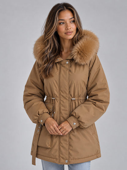 IDA | FAUX FUR COLLAR DRAWSTRING PARKA - Brown