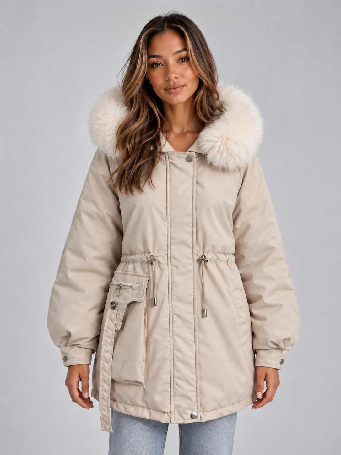 IDA | FAUX FUR COLLAR DRAWSTRING PARKA - Cream