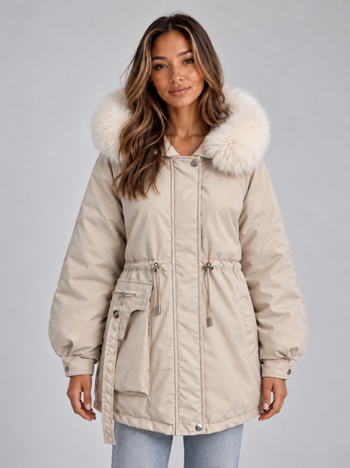 IDA | FAUX FUR COLLAR DRAWSTRING PARKA - Cream