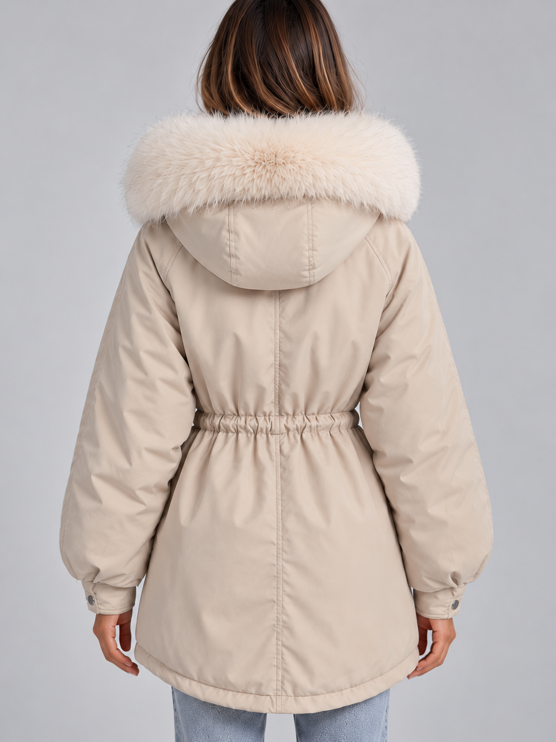 IDA | FAUX FUR COLLAR DRAWSTRING PARKA - Cream