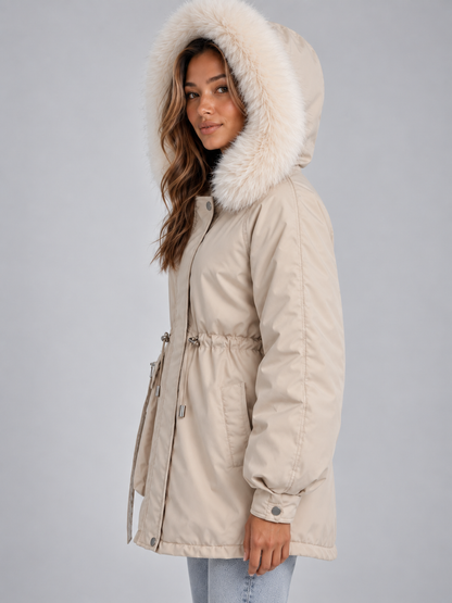 IDA | FAUX FUR COLLAR DRAWSTRING PARKA - Cream