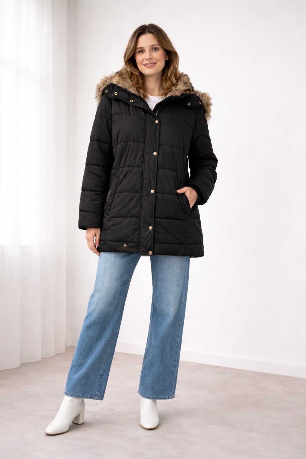 ILANA | FAUX FUR HOODED PUFFER JACKET - Black