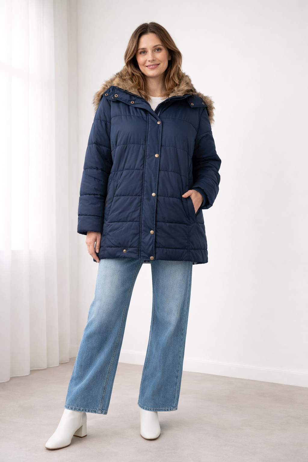 ILANA | FAUX FUR HOODED PUFFER JACKET - Navy