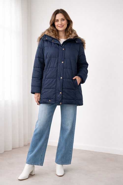 ILANA | FAUX FUR HOODED PUFFER JACKET - Navy