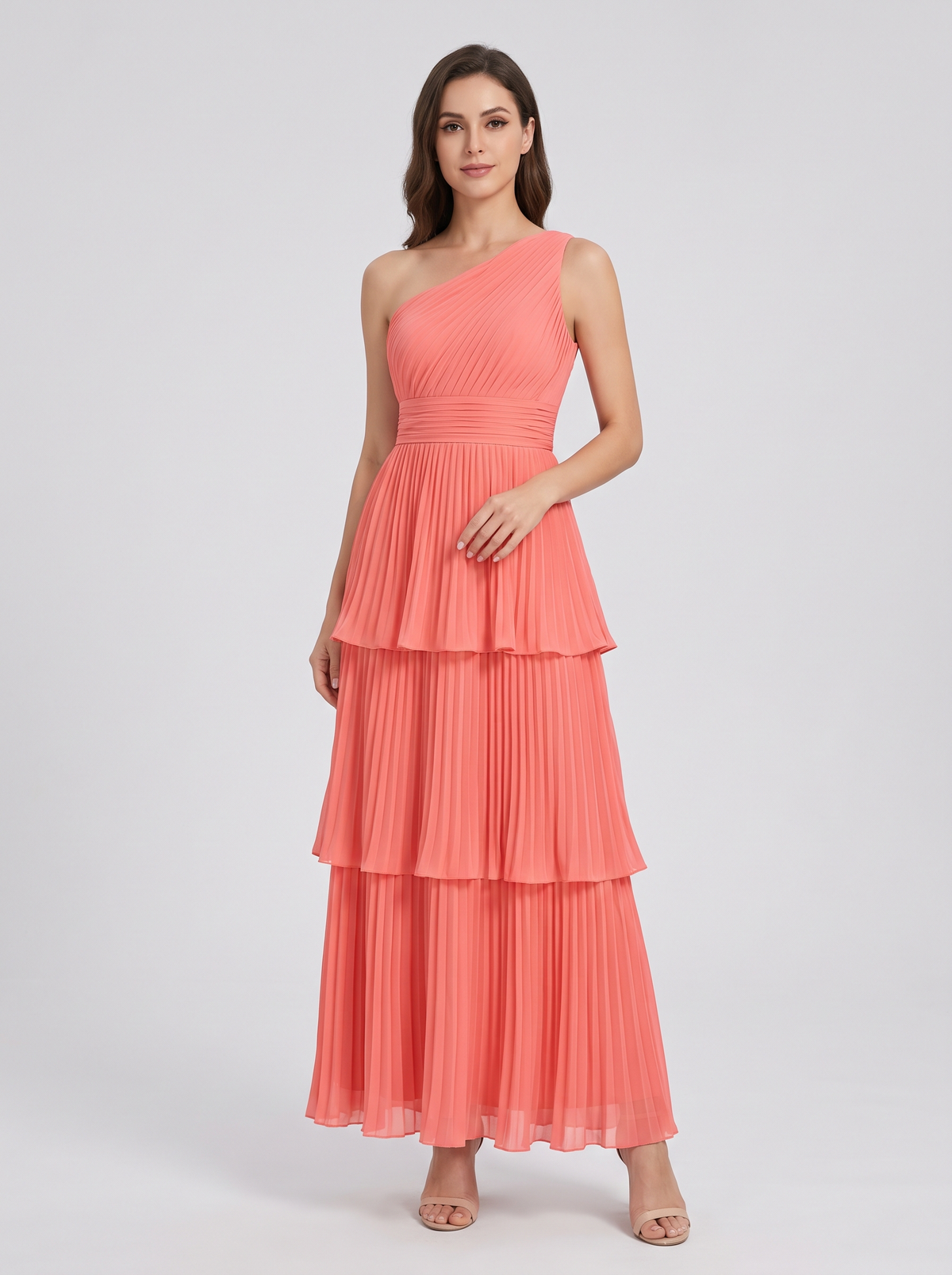 ILENE | ONE SHOULDER TIERED MAXI DRESS - Coral