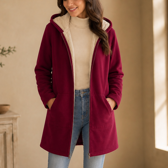 ILSE | FAUX FLEECE-LINED HOODED JACKET - Burgundy