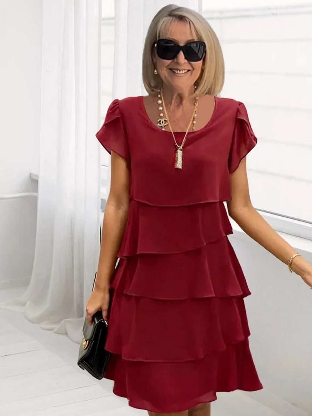 IMOGENE | TIERED FLUTTER SLEEVE MIDI DRESS - Burgundy
