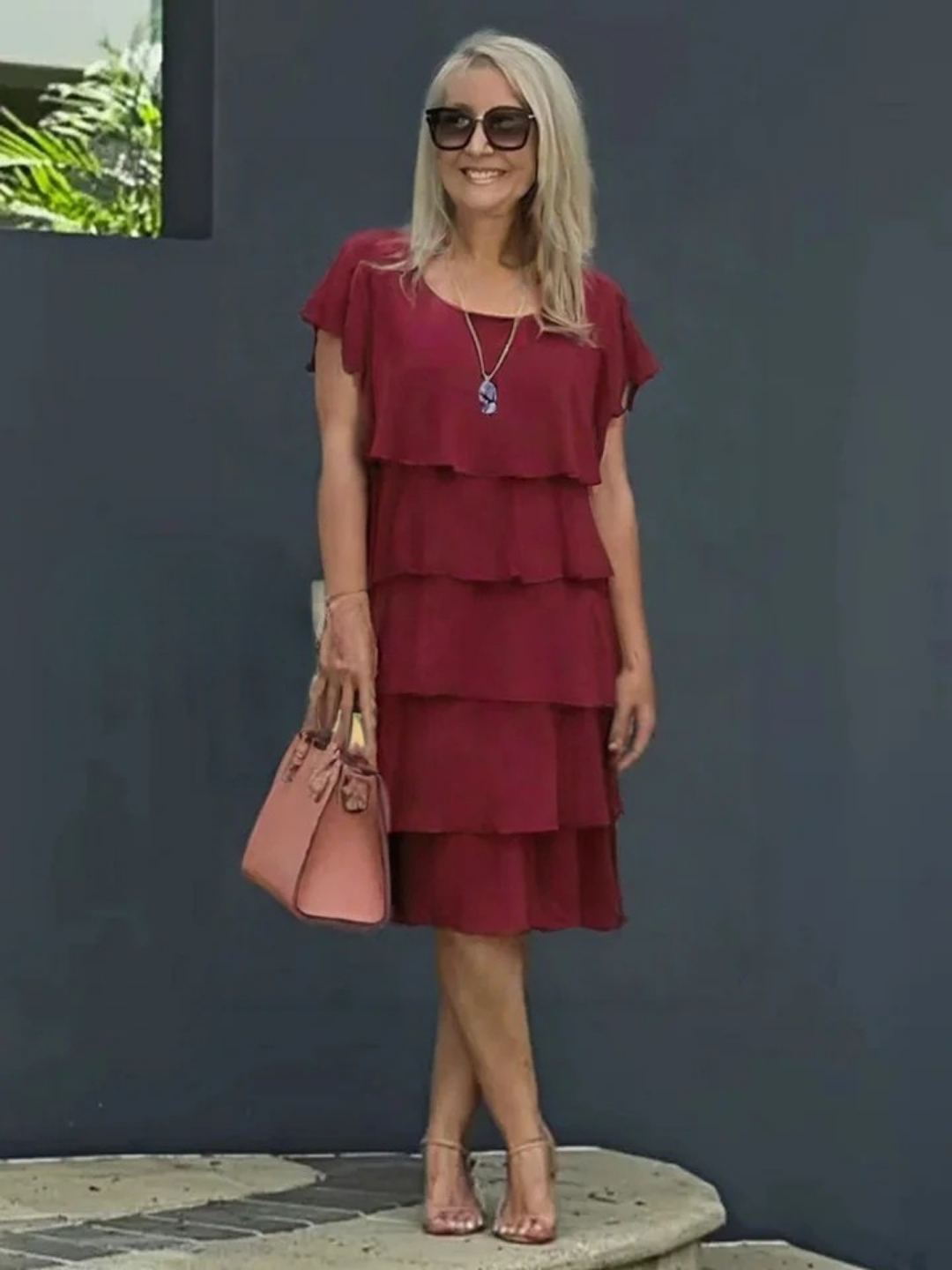 IMOGENE | TIERED FLUTTER SLEEVE MIDI DRESS - Burgundy