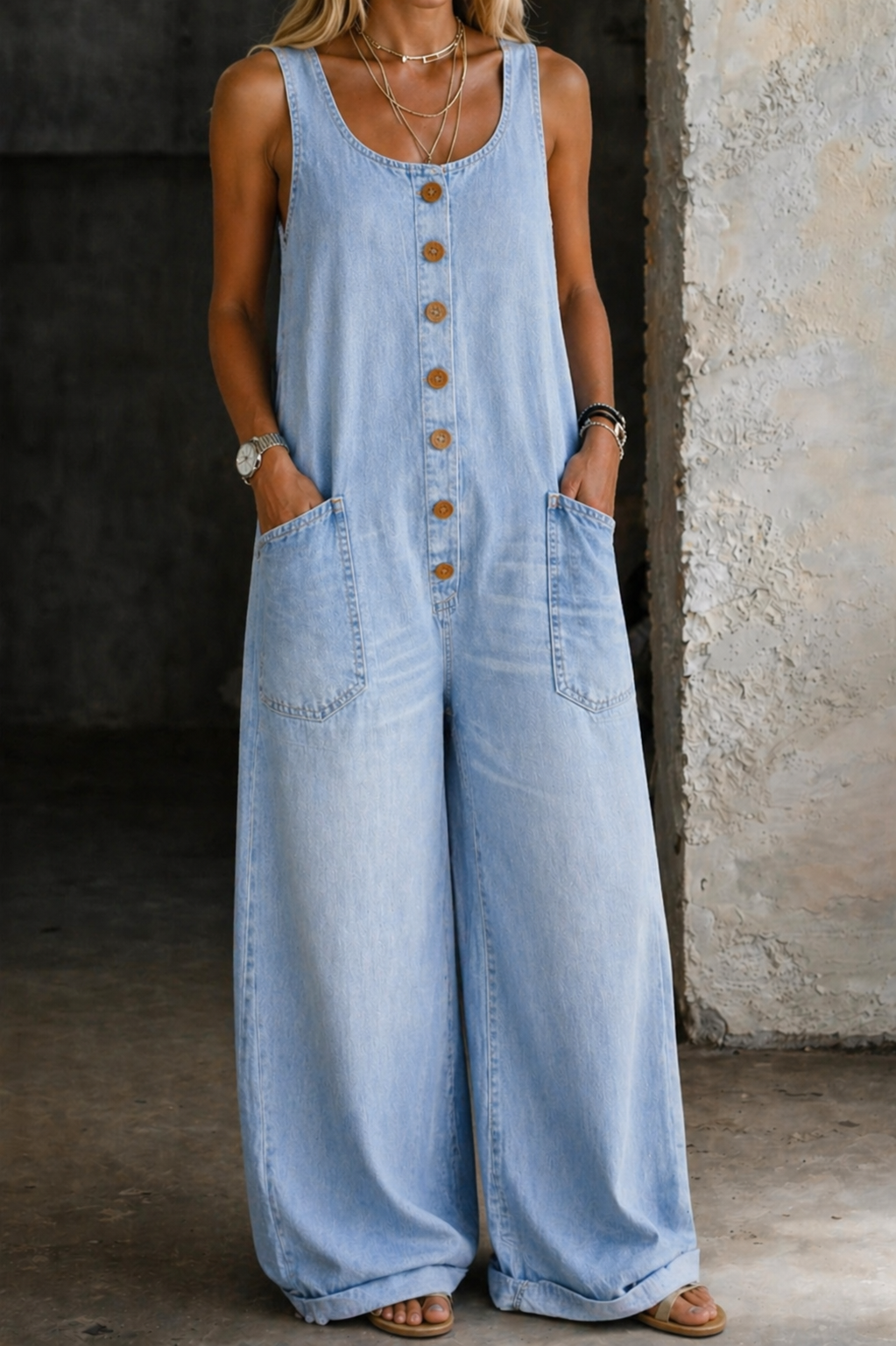 INDRA | WIDE LEG DENIM OVERALLS - Light Blue