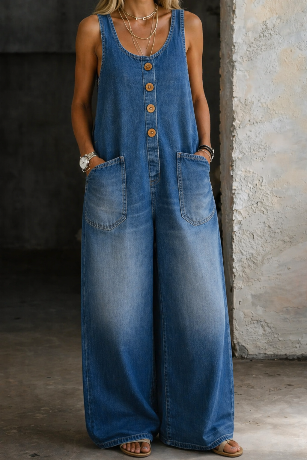 INDRA | WIDE LEG DENIM OVERALLS - Medium Denim