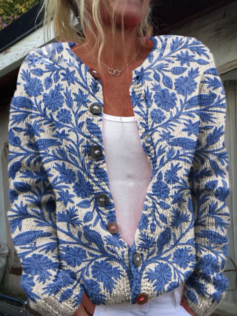 IRELYN | PRINTED KNIT BUTTON CARDIGAN - Blue Floral
