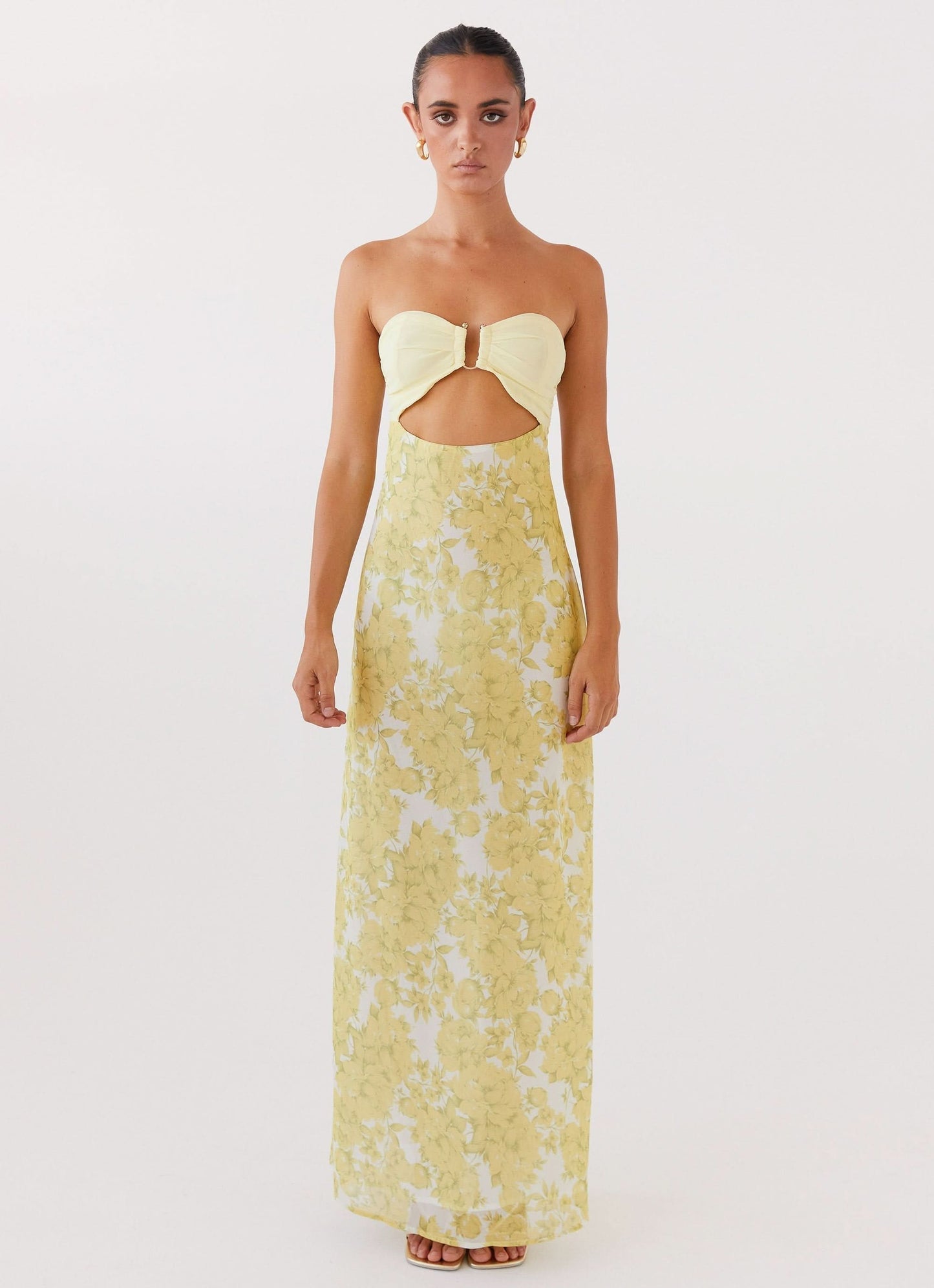Yellow and cream floral print strapless maxi dress front view