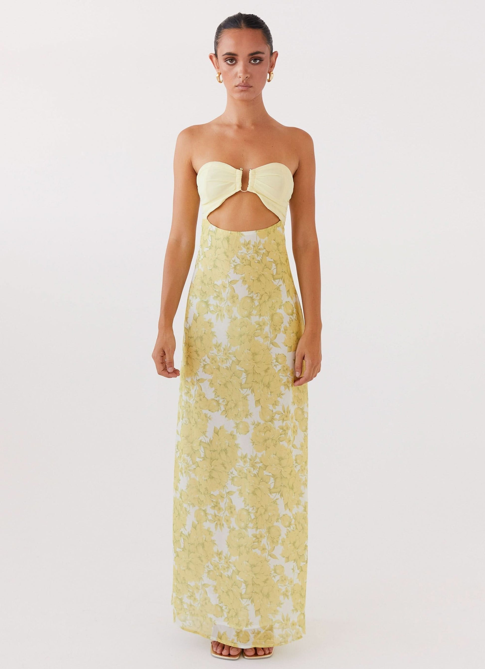 Yellow and cream floral print strapless maxi dress front view