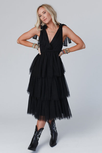 ISEULT | TIERED TULLE MIDI DRESS - Black