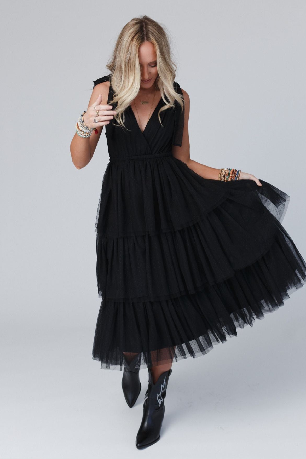 ISEULT | TIERED TULLE MIDI DRESS - Black