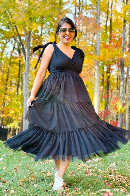 ISEULT | TIERED TULLE MIDI DRESS - Black