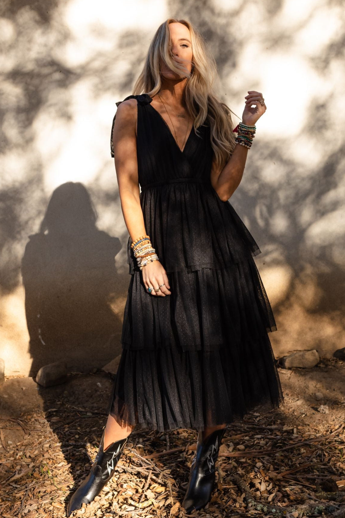 ISEULT | TIERED TULLE MIDI DRESS - Black