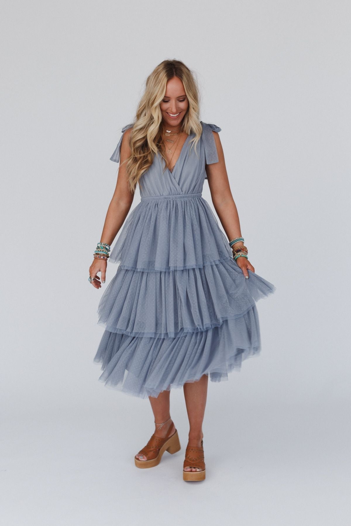 ISEULT | TIERED TULLE MIDI DRESS - Dusty Blue