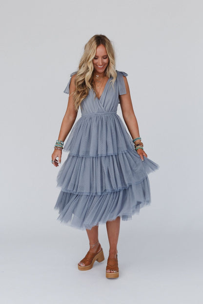 ISEULT | TIERED TULLE MIDI DRESS - Dusty Blue