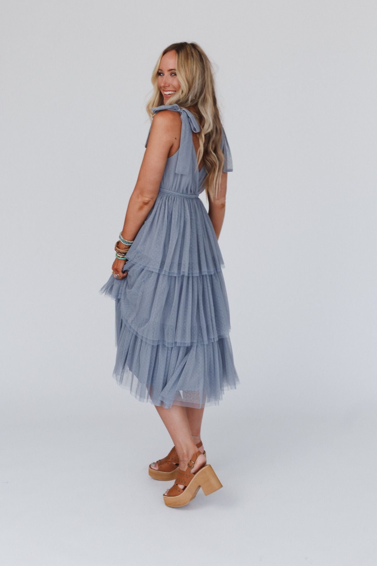 ISEULT | TIERED TULLE MIDI DRESS - Dusty Blue