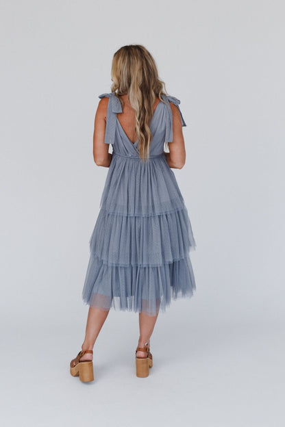 ISEULT | TIERED TULLE MIDI DRESS - Dusty Blue