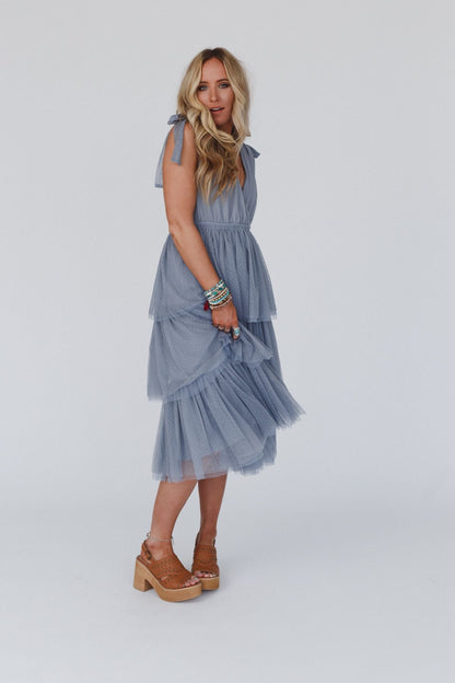 ISEULT | TIERED TULLE MIDI DRESS - Dusty Blue